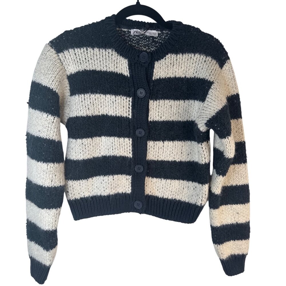ZARA Striped Small Button-Up Cardigan Sweater Navy Blue & Cream Cotton Blend NWT